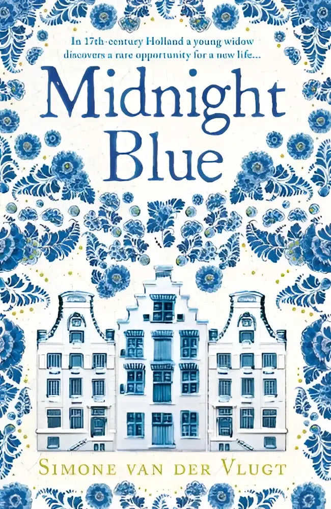 Midnight blue boekomslag met ingewikkelde blauwe bloemmotieven en witte hollandse grachtenpanden