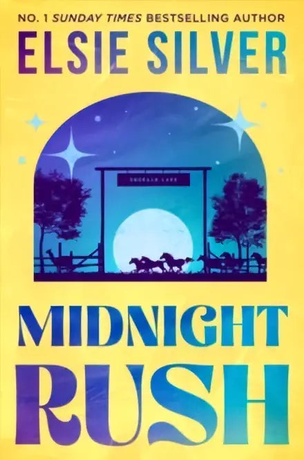 The midnight rush book by elsie silver features a vibrant yellow cover with an arched gateway under moonlight