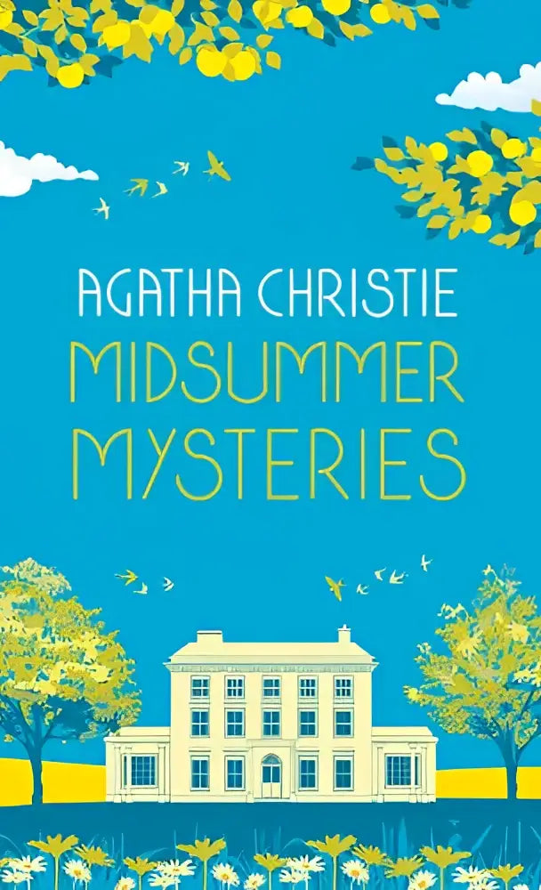 De boekcover van midsummer mysteries van agatha christie toont een felblauwe lucht met gele bomen en witte wolken