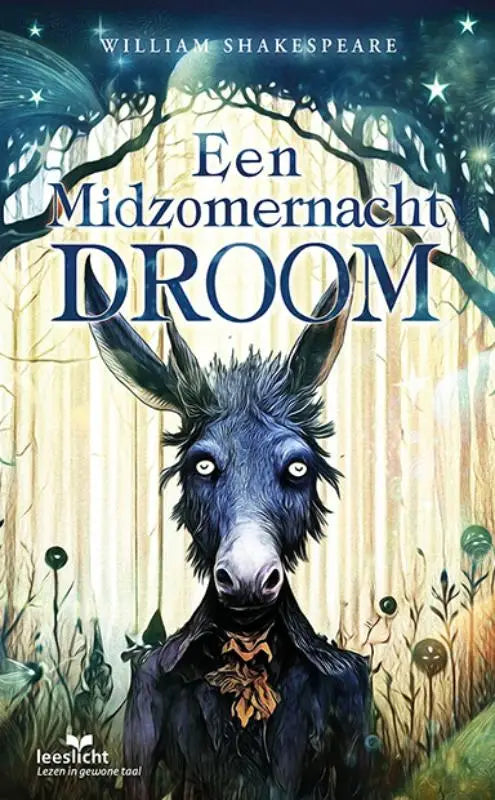 Een midzomernachtdroom boekomslag met een blauw zwarte ezel met witte ogen en een gouden bladeren halsband