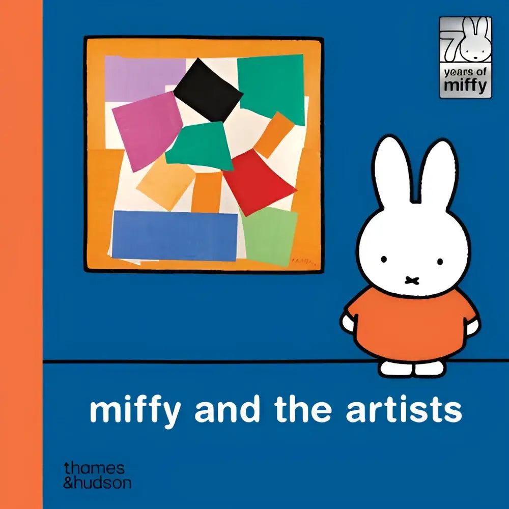 A white cartoon rabbit wearing an orange shirt stands beside a colorful abstract collage in miffy and the artists