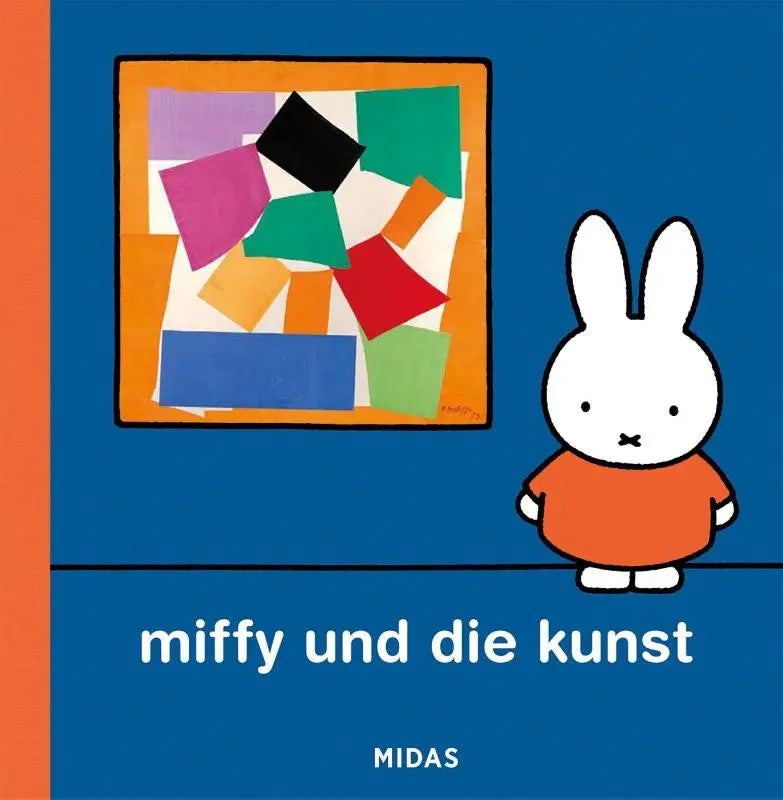 Een witte miffy-konijn in een oranje jurk naast een kleurrijke collagekunst, kunst für kinder, eine einführung für kinderen