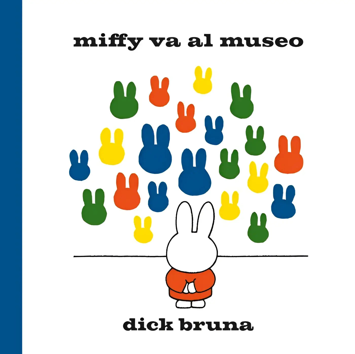 Kleurrijke kinderboekencover van miffy in een oranje outfit voor een boom van kleurrijke konijnensilhouetten voor jonge lezers