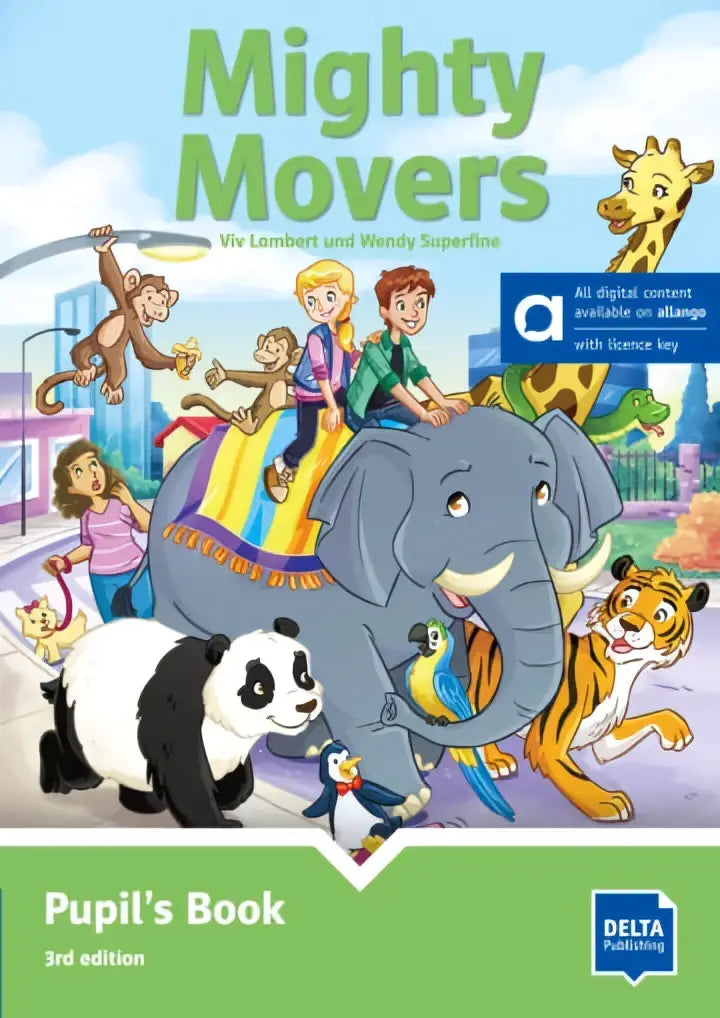 De cover van mighty movers pupil’s book 3rd edition hybrid edition toont een kleurrijke illustratie met kinderen op een olifant en dieren