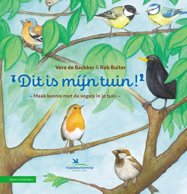 Kinderboek cover van míjn tuin met kleurrijke illustraties van vogels op takken tegen een lichtblauwe lucht door rob buiter