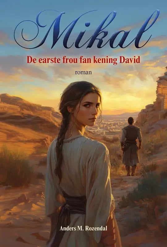 De boekcover van mikal toont een vrouw in een off-white, lang mouwen tuniek met een donkere riem, historische roman over de earste frou fan kening