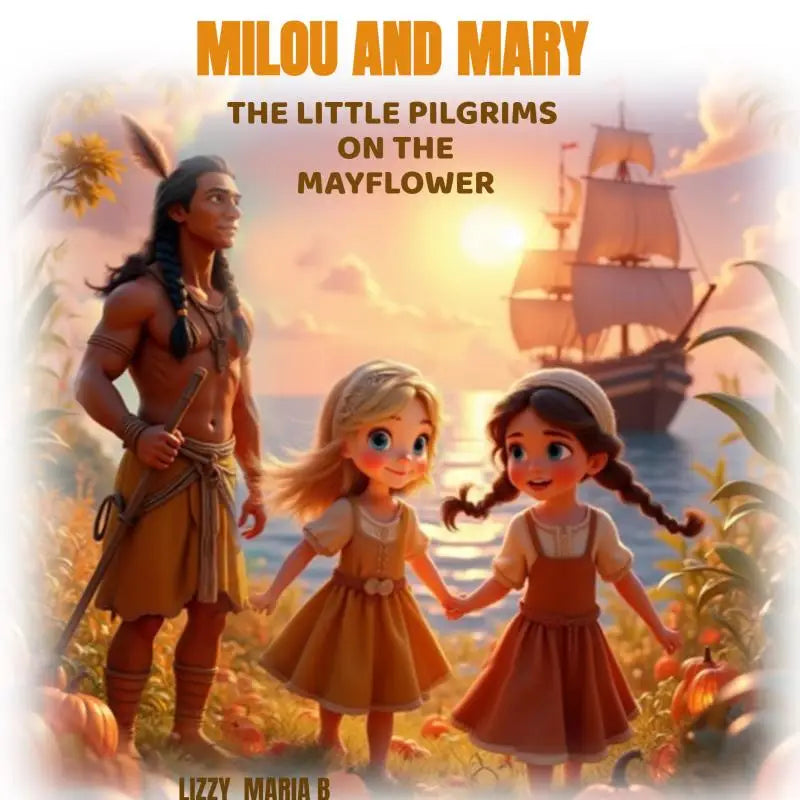 Illustrated children’s book cover of milou and mary the little pilgrims with native american man and girls near cornfields at sunset