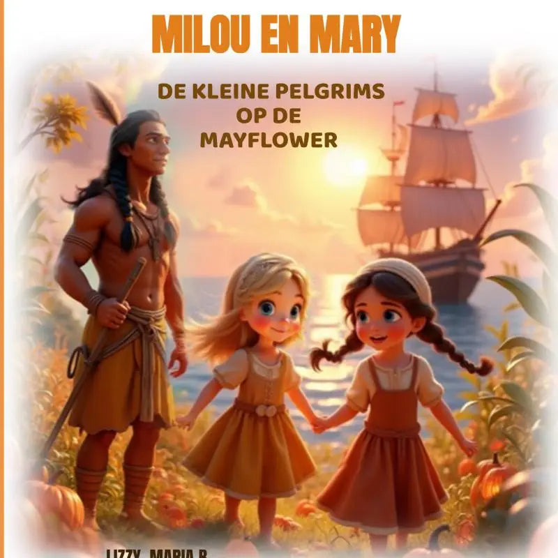De cover van het kinderboek milou en mary met een native american man en twee jonge lezers als kleine pelgrims
