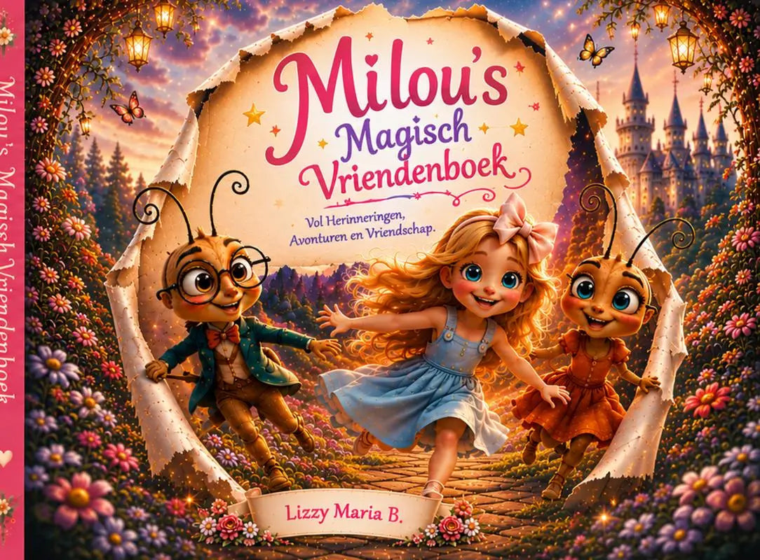 De cover van milous magisch vriendenboek toont een magisch vriendenboek met jonge lezers voor avonturen en herinneringen
