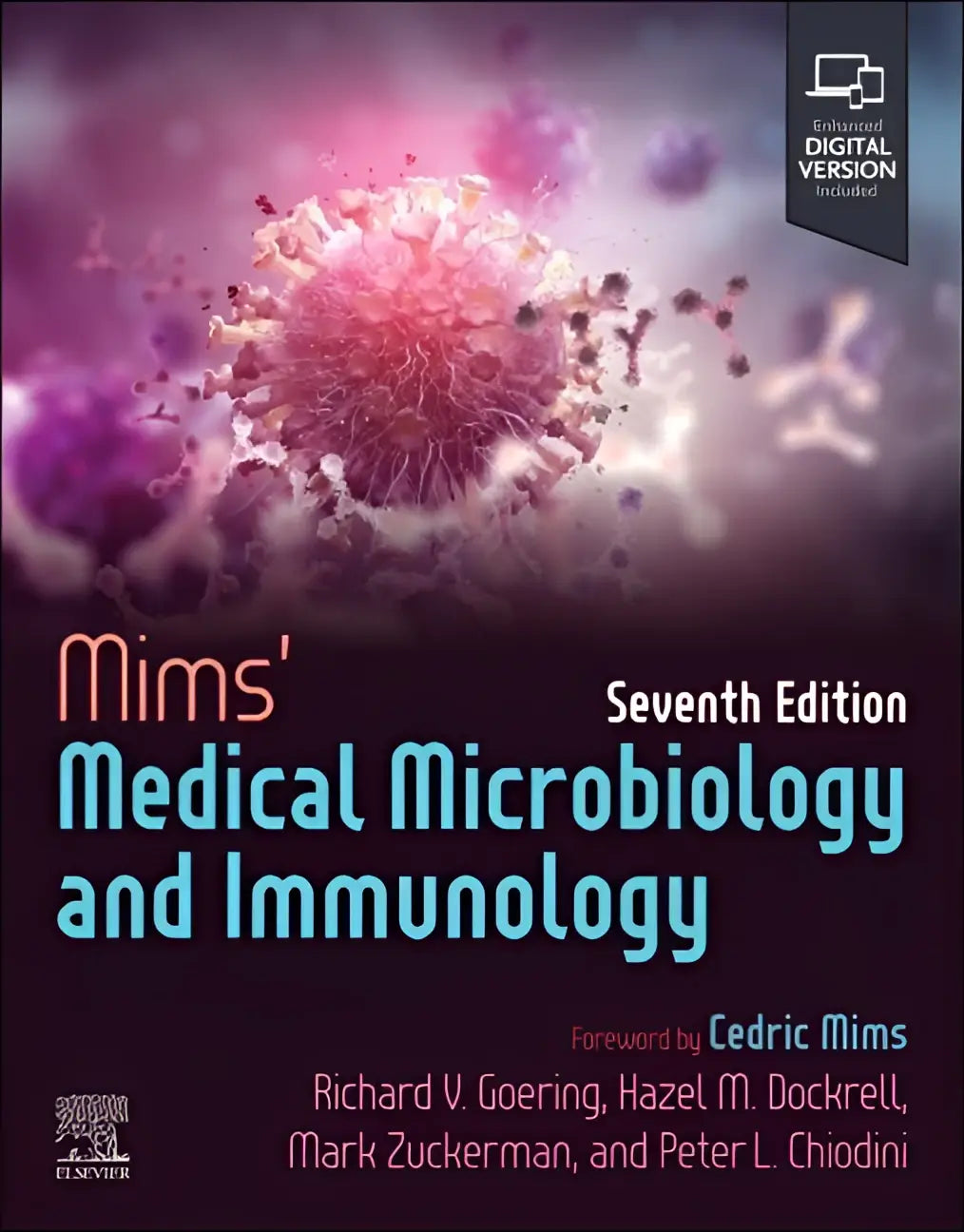 De cover van Mims Medical Microbiology and Immunology zevende editie toont een roze paarse virale afbeelding voor microbiology and immunology