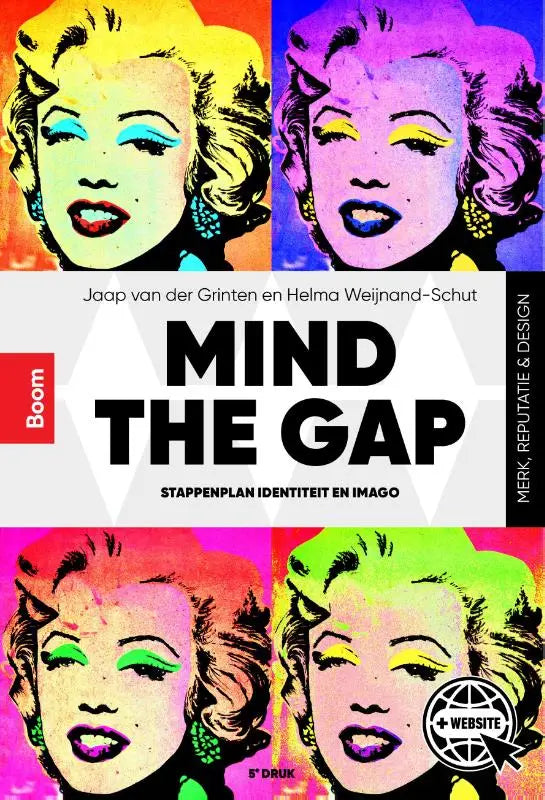 De boekomslag van mind the gap toont een levendige pop-art collage van marilyn monroe in vier kleurenschema’s