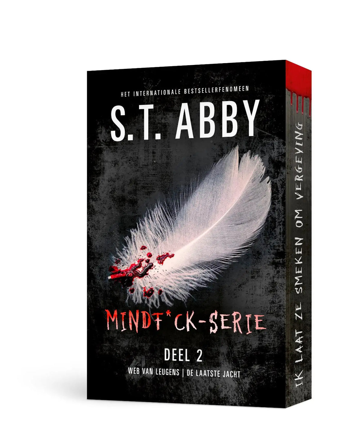 Zwart boek met rode rug en een met bloed bevlekte witte veer op een donkere achtergrond mindfuck-serie deel 2 dark romance thriller