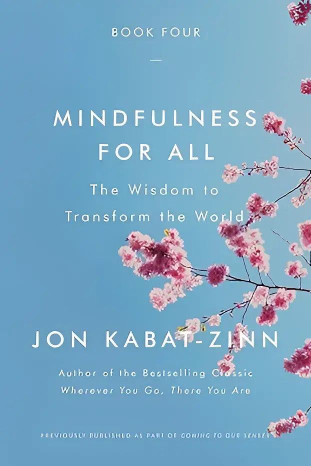 Cover van mindfulness for all van jon kabat-zinn met zachte blauwe achtergrond en roze kersenbloesem