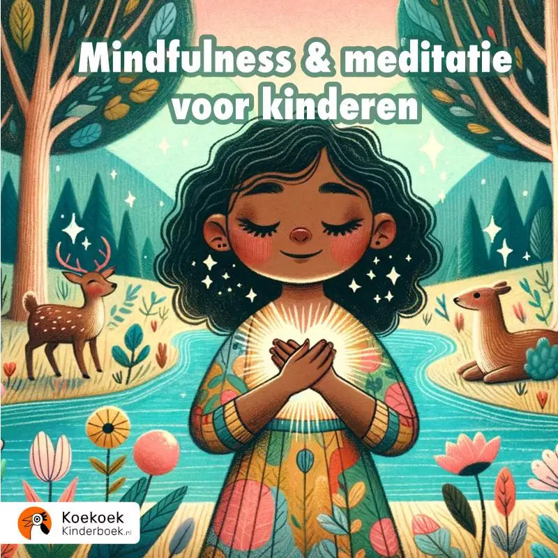 Kleurige geïllustreerde kinderboekcover met een meisje in een bloemenjurk en praktische mindfulness oefeningen in een bosomgeving