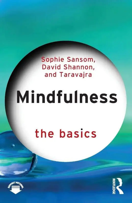 De cover van mindfulness the basics toont een witte cirkel met zwarte en rode tekst op een tealblauwe achtergrond