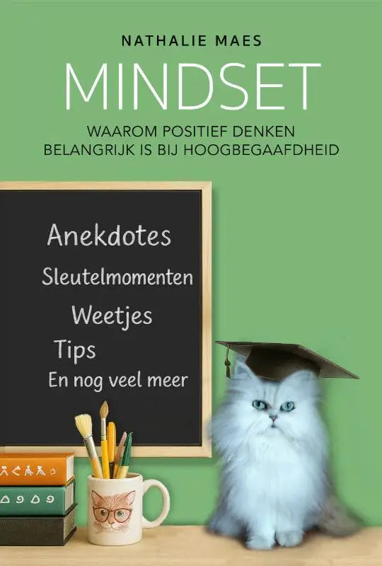 Een witte fluffy perzische kat met een zwarte afstudeerhoed naast een schoolbord illustreert waarom positief denken belangrijk is bij hoogbegaafdheid