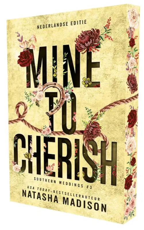 A vintage-style book cover with a yellow background and red floral illustrations titled mine to cherish by natasha madison romance steamy
