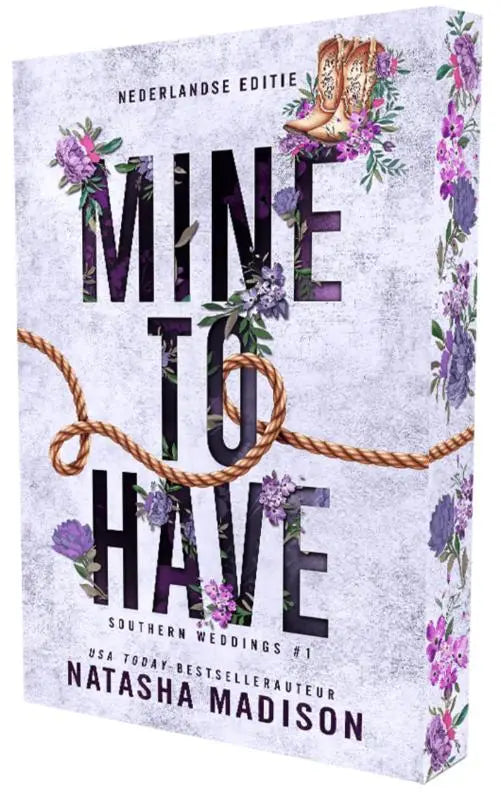 De book cover van mine to have door Natasha Madison toont zwarte letters met paarse bloemen en een bruine touwmotief