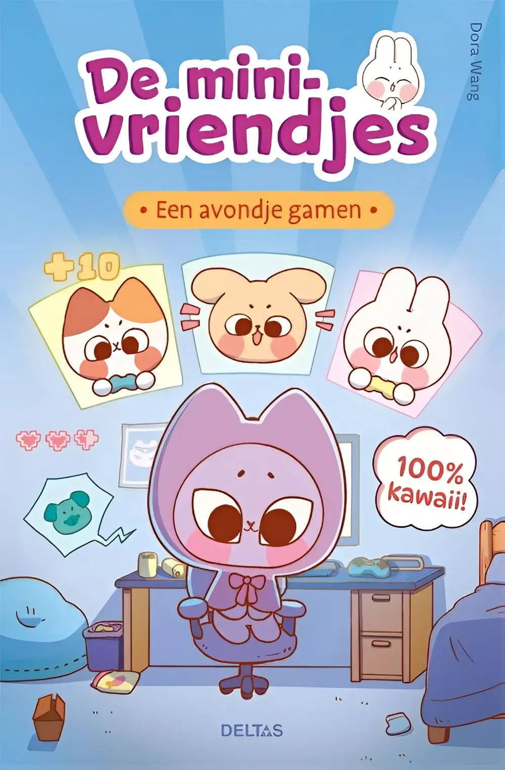 Een paarse kawaii kattenfiguur in een hooded outfit voor een avondje gamen product van dora wang nederlandstalig hardback