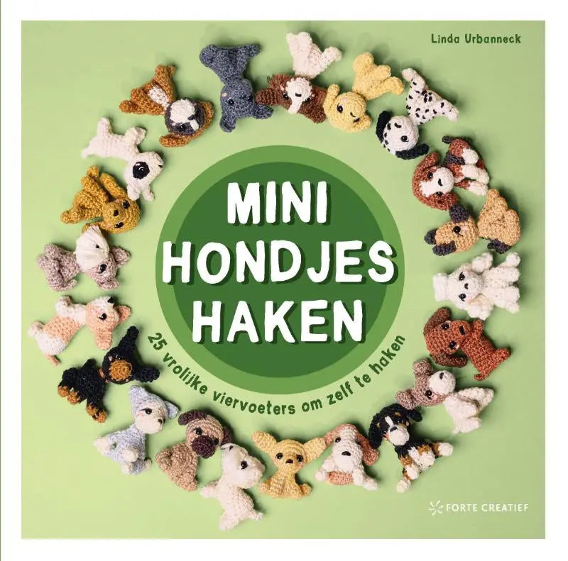 Een boekcover van minihondjes haken toont een cirkel van kleurrijke gehaakte vrolijke viervoeters door Linda Urbanneck