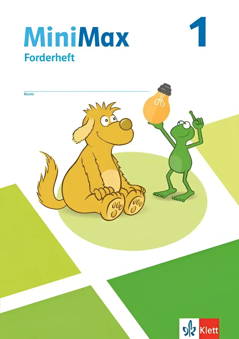 Minimax 1 forderheft klasse 1 met gele cartoonhond en groene kikker die oranje gloeilamp vasthouden op geometrische achtergrond