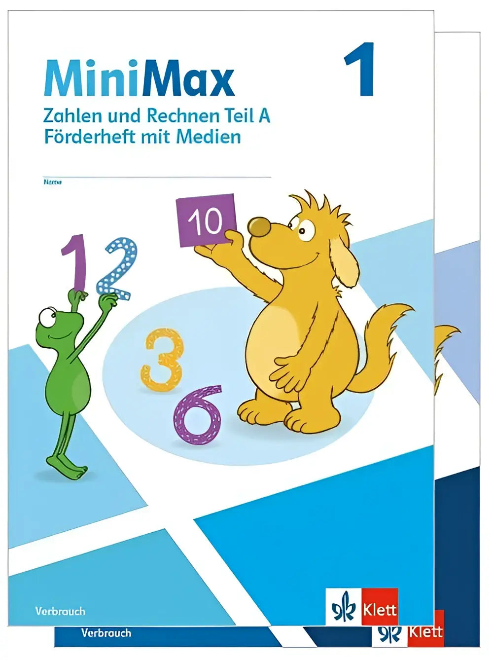 Blauw-wit kindermathwerkboek minimax 1 met cartoonfiguren en zahlen und rechnen mit medien voor klasse 1