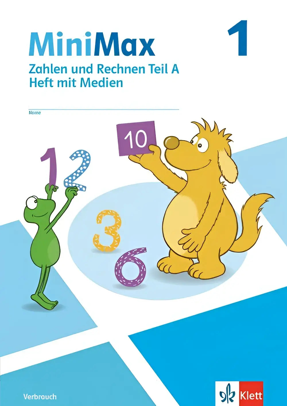 Minimax 1 zahlen und rechnen teil a kinderarbeitsbuch mit bunten cartoonfiguren und zahlen auf blauem cover