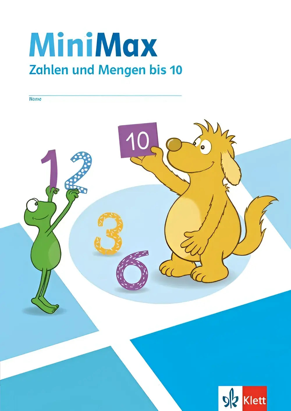 Blauw-witte kinderschool wiskunde werkboek cover met cartoonfiguren en getallen voor zahlen und mengen bis 10