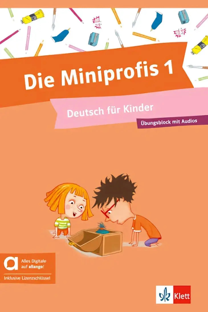 De cover van het kinders Duits leerboek die miniprofis 1 van klett toont kleurrijke kinderen en een open doos met audios voor jonge kinderen