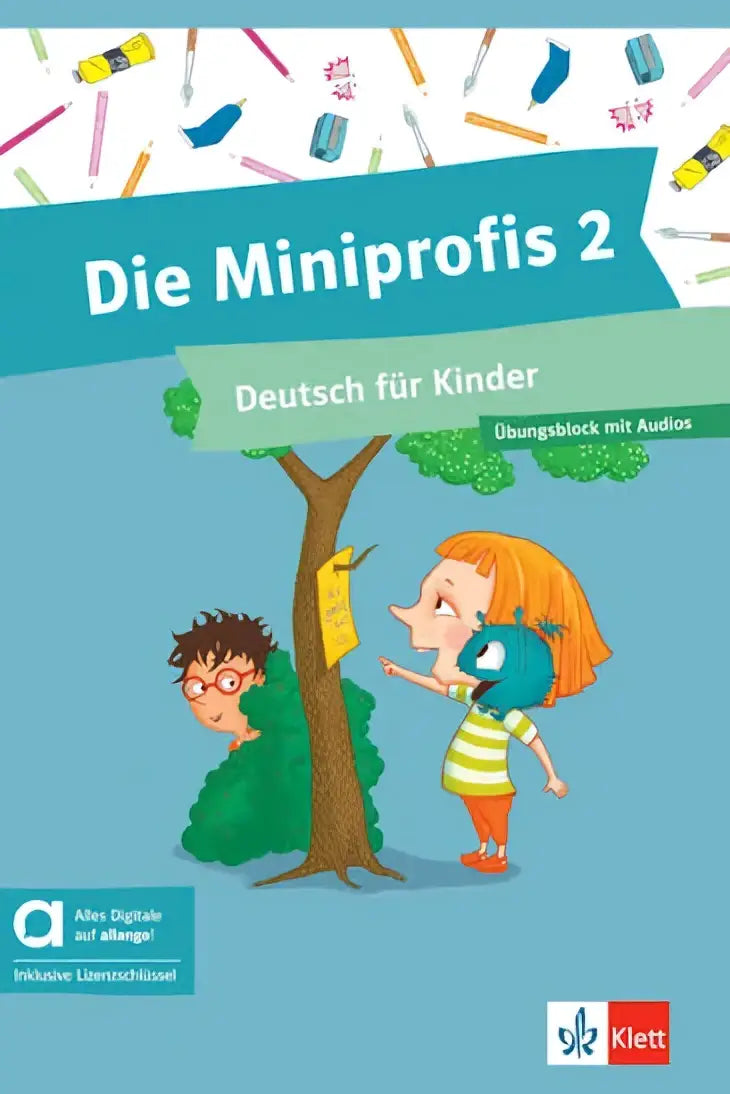 De cover van het duitse kinderwerkboek die miniprofis 2 van klett toont twee cartoon kinderen bij een boom met schoolspullen voor jonge kinderen