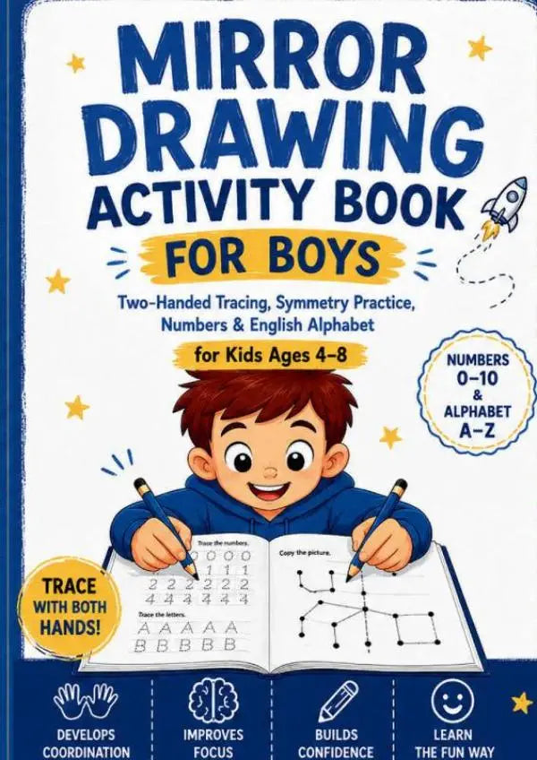 Blauw en wit mirror drawing activity boek voor jongens met cartoonkind dat cijfers en letters traceert