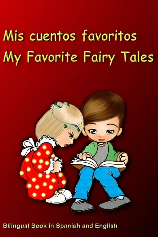 Cover of mis cuentos favoritos dual language book featuring cartoon children reading with yellow text on red background