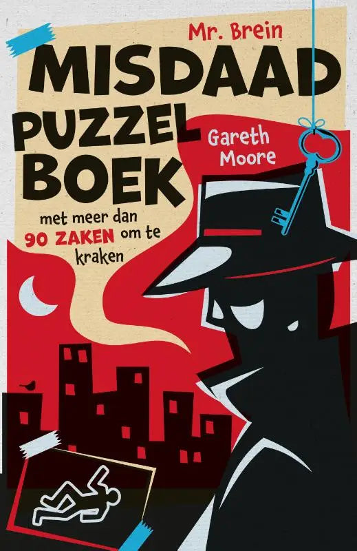 De cover van misdaad puzzelboek toont een zwarte detective silhouet met rode en beige tekst op stadsachtergrond