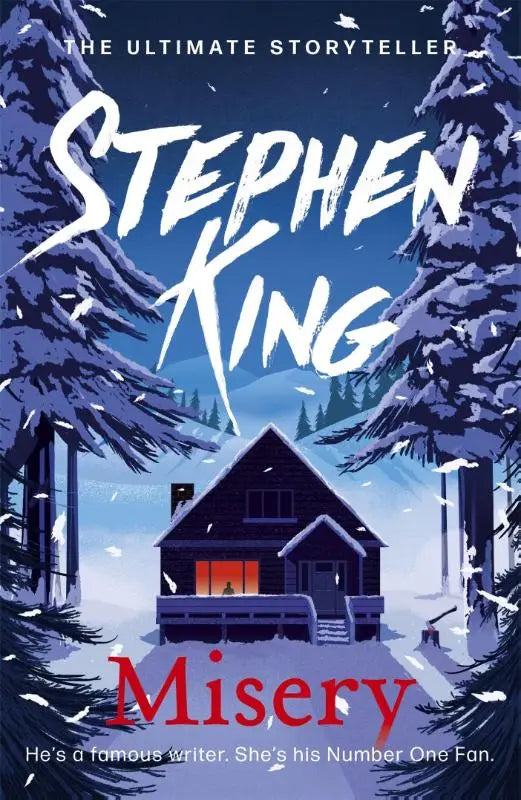 De boekcover van misery van stephen king toont een donkere, sneeuwbedekte hut met gloeiende oranje ramen voor een thrillende suspense van de no 1 bestseller