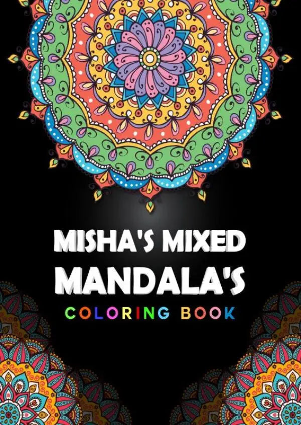 Vibrant en gedetailleerde omslag van misha’s mixed mandala’s mindfulness kleurboek met symmetrisch bloemmotief in felle kleuren