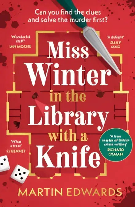 Rode boekomslag van miss winter in the library with a knife van martin edwards met witte dobbelstenen en zilveren mesillustratie