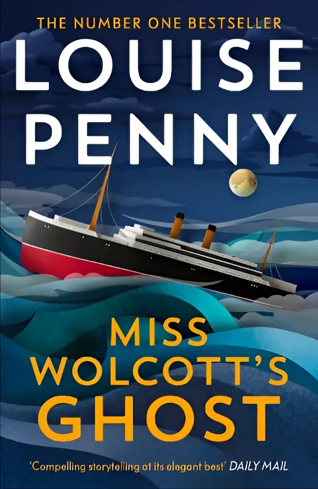 De boekomslag van miss wolcott’s ghost toont een zwarte en rode illustratie van de rms titanic voor het york times bestselling pines crime series brand new mystery