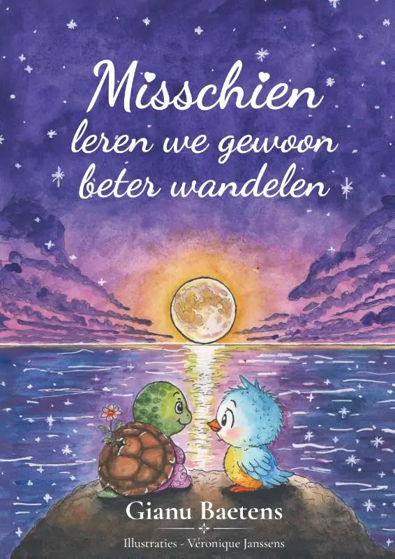 Kinderboekcover met een groene schildpad en blauwe vogel onder een paarse sterrenhemel leren wandelen door gianu baetens