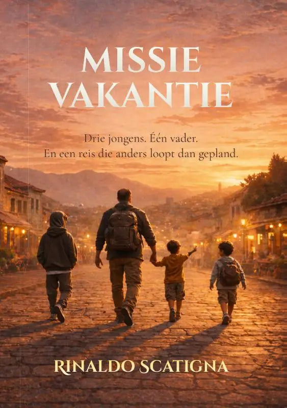 De boekcover van missie vakantie door rinaldo scatigna toont drie jongens tijdens een gouden zonsondergang