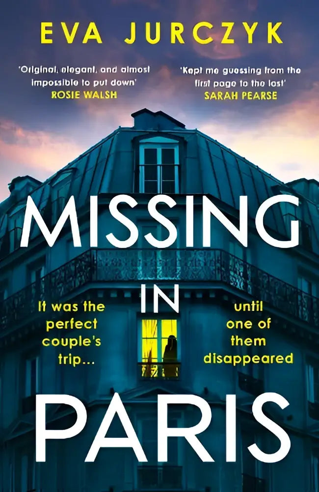 Boekcover missing in paris van eva jurczyk toont donkerblauw beeld van een europees gebouw bij schemering, michael joseph psychologische thrillers