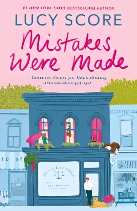 The book cover for mistakes were made by lucy score shows a vibrant pink and blue storefront illustration with a one night theme