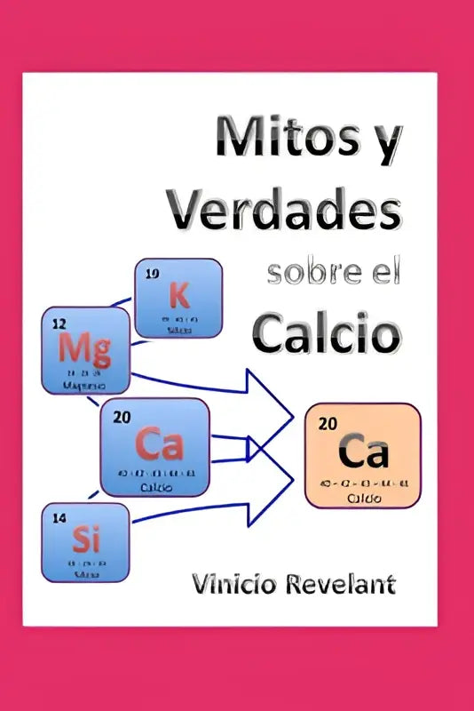 Het boek mitos y verdades sobre el calcio door vinicio revelant met witte achtergrond en roze rand toont calcium en mineralensymbolen