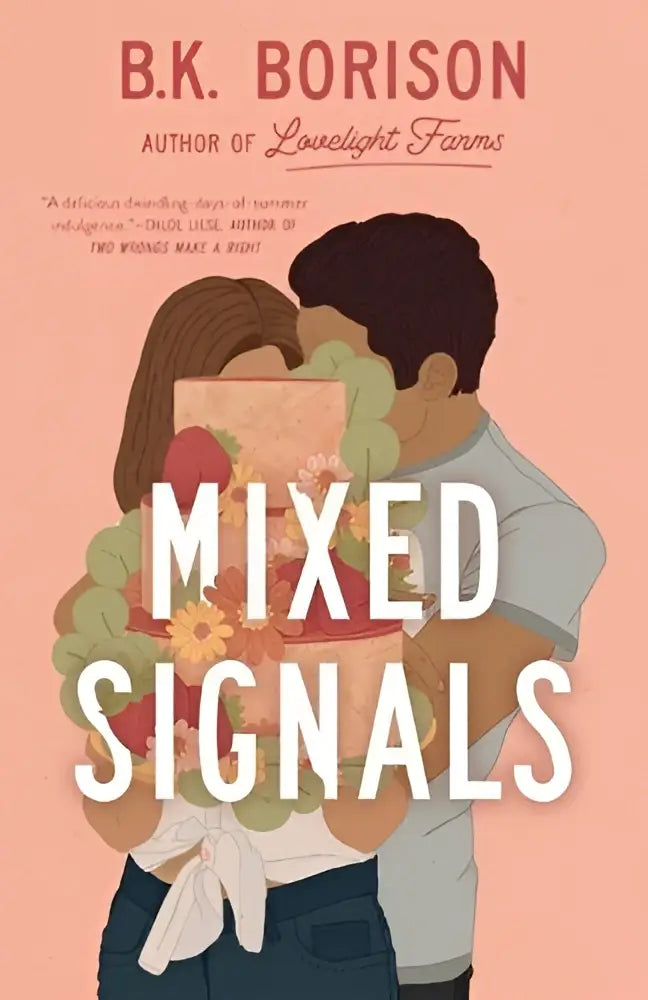 Pink boekomslag met een illustratie van een omhelzend koppel en de titel mixed signals in witte letters voor een small-town romance