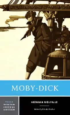 De cover van moby-dick norton critical edition met een sepia illustratie van walvisvaarders en een blauwe banner