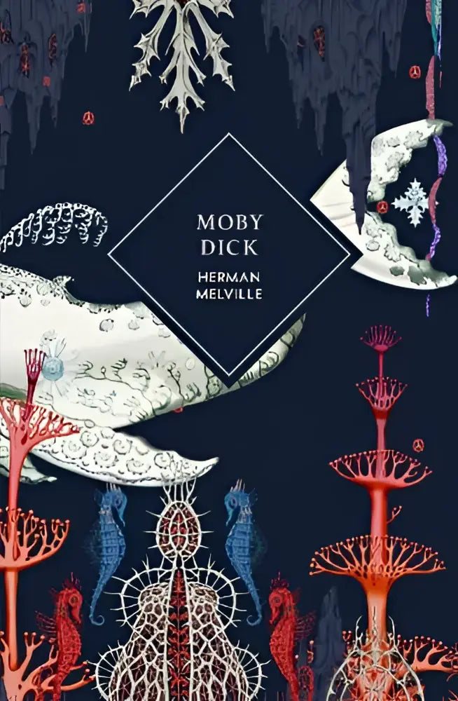 Donkerblauwe hardcover van moby-dick met witte, rode en paarse illustraties van zeewezens door herman melville vintage classics