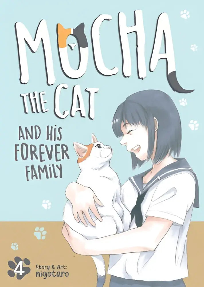 De omslag van mocha the cat and his forever family vol 4 toont een geïllustreerde witte kat met oranje tekenen en zwarte oren