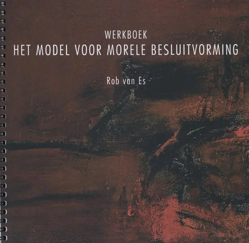 Een spiraalgebonden workbook met een donkere abstracte omslag in bruine en rode tinten voor morele besluitvorming