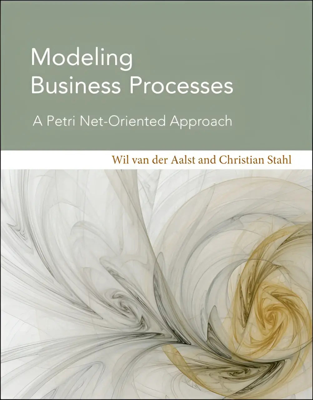 The book cover for modeling business processes features an abstract gray white and gold design with swirling patterns