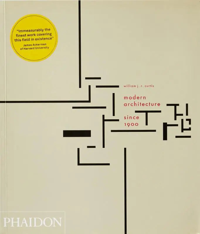 De boekcover van modern architecture since 1900 door william j toont een minimalistisch ontwerp met zwarte geometrische lijnen