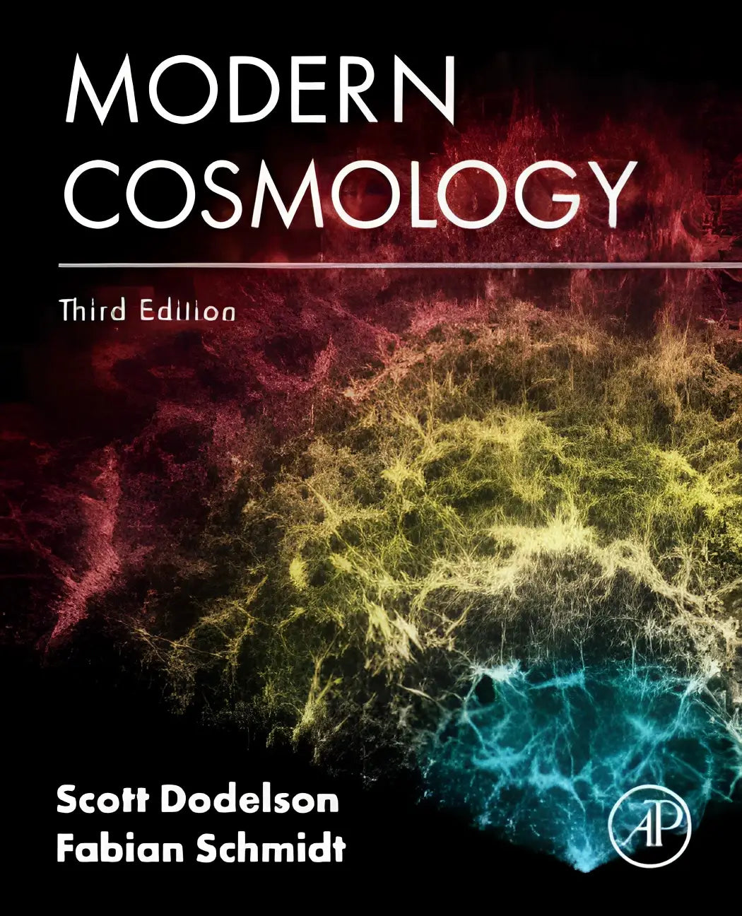 De boekcover van modern cosmology derde editie toont een levendige kosmische simulatie in rood geel groen en blauw
